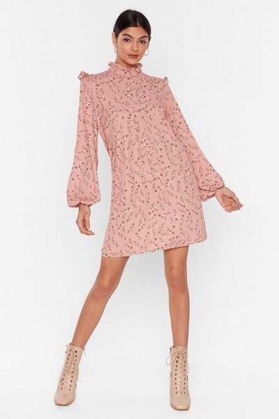 Spriggy Flora Pleated High Neck Smock dress