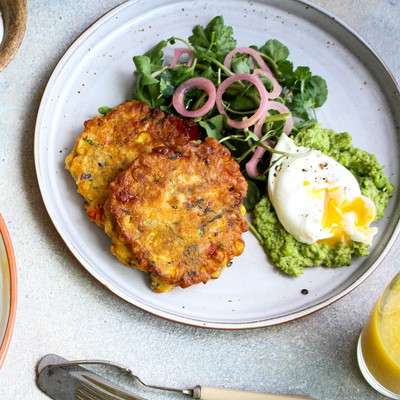 Corn Fritters With Smashed Peas, Quick-Pickled Onions & Poached Eggs