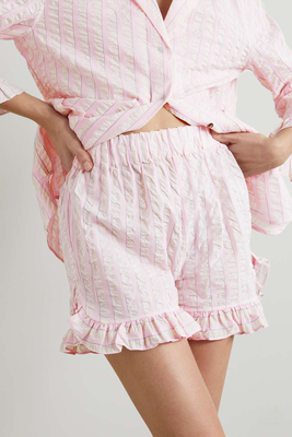 Ruffled Striped Organic Cotton-Seersucker Pajama Shorts from Ganni