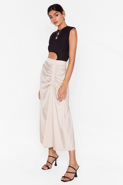 We Won't Be Ruched Satin Midi Skirt