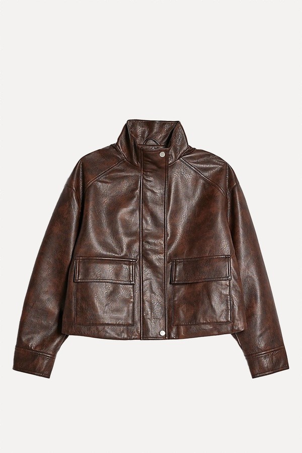 Faux Leather Funnel Neck Bomber Jacket from River island