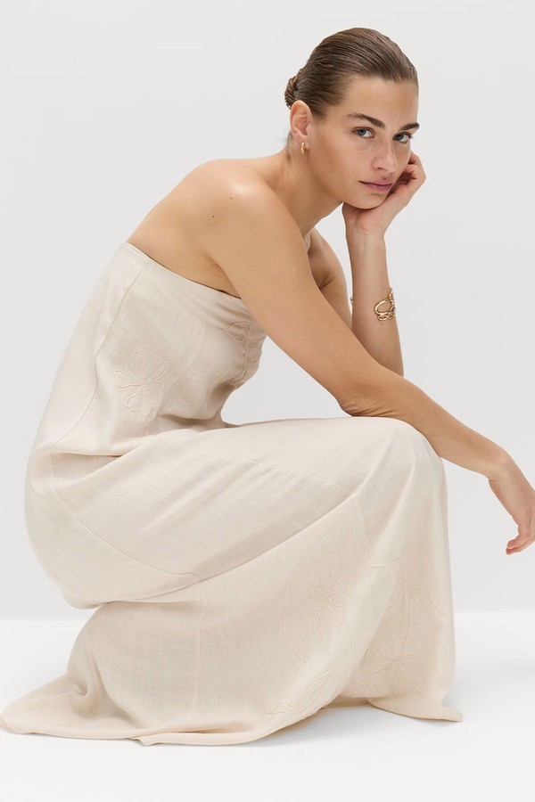 Bandeau Embroidered Dress With Linen