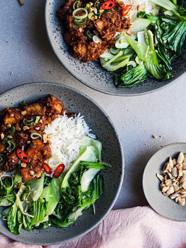Sticky Peanut Tofu With Ginger Garlic Bok Choy