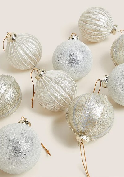 9 Pack Silver Glass Hanging Baubles