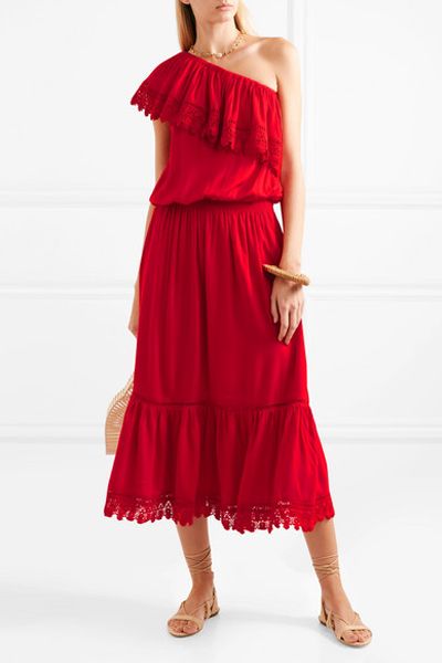 Jo One-Shoulder Crochet Lace-Trimmed Voile Midi Dress from Melissa Odabash