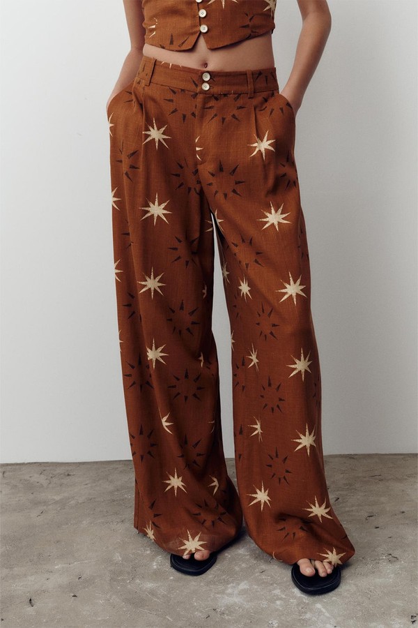 Sun Print Wide-Leg Linen Blend Trousers from ZARA
