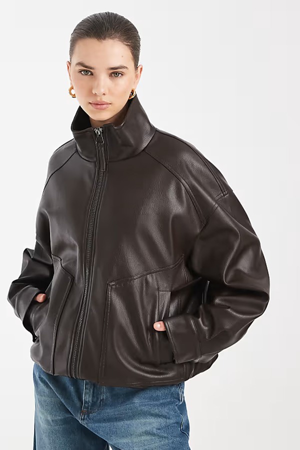 Oversized Leather Look Funnel Bomber Jacket from ASOS DESIGN