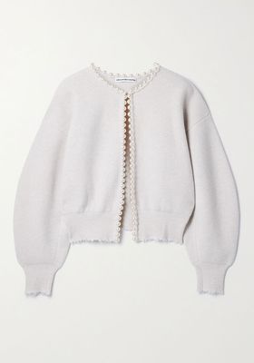 Faux Pearl-Embellished Distressed Wool-Blend Cardigan from Alexander Wang