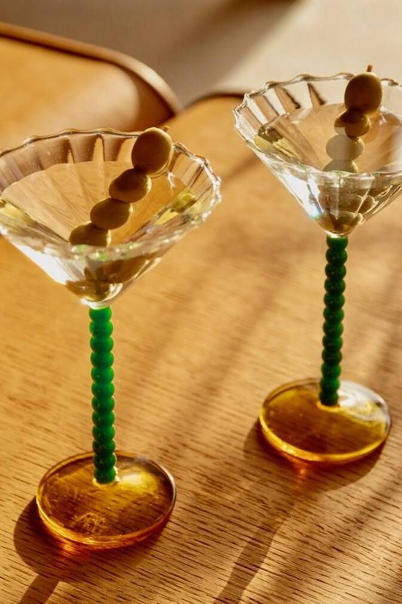 Set Of Two Green Amber Cocktail Glasses