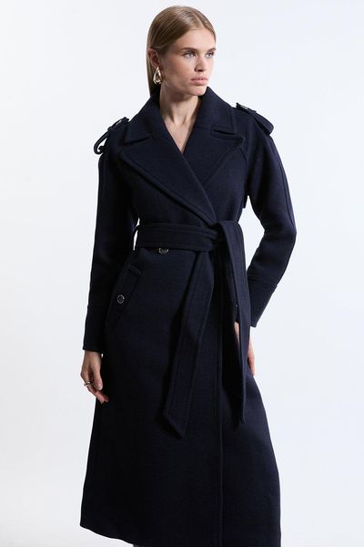 Tailored Wool Blend Double Breasted Belted Midi Coat