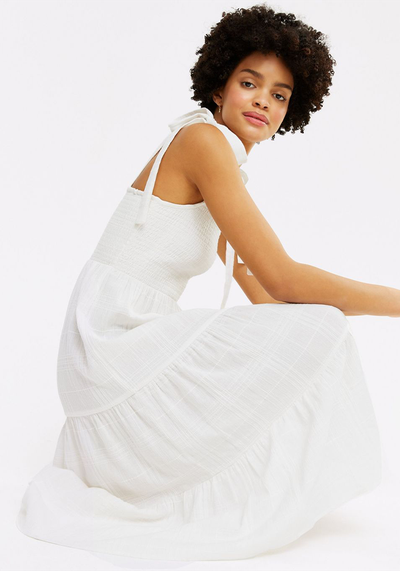 White Tie Strap Shirred Tiered Midi Dress 