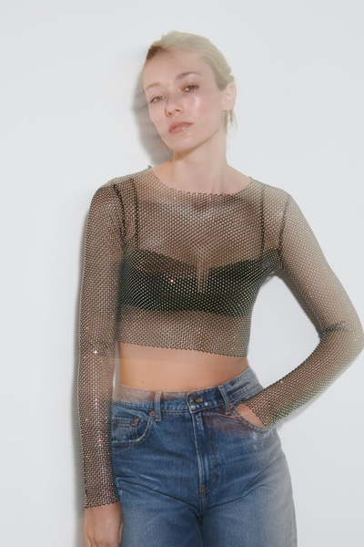 Rhinestone Mesh Crop Top from Zara