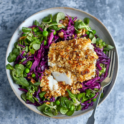 Herb & Walnut Crumbed Fish With Pickled Red Cabbage