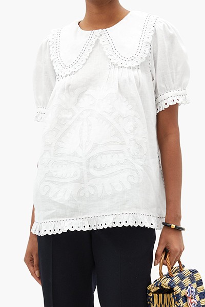 Shalimar Floral-Appliqué Linen Blouse from Vita Kin