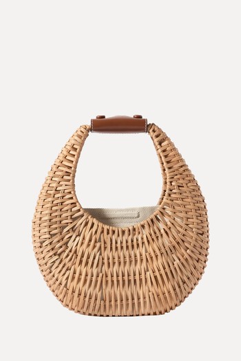 Mini Moon Leather-Embellished Raffia Shoulder Bag from Staud