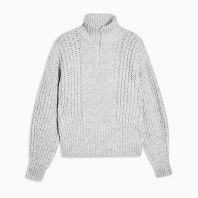 Grey Knitted Zip Up Funnel Neck Jumper