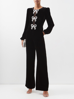  Camille Crystal Bow Velvet Jumpsuit from Saloni