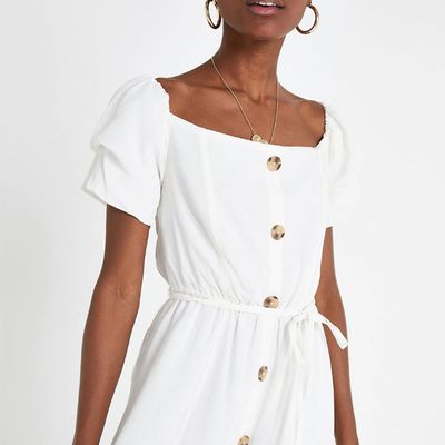 White Bardot Button Front Maxi Dress