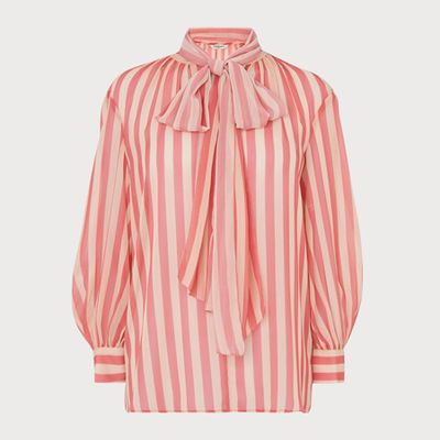 Holzer Pink Candy Stripe Pussy Bow Blouse