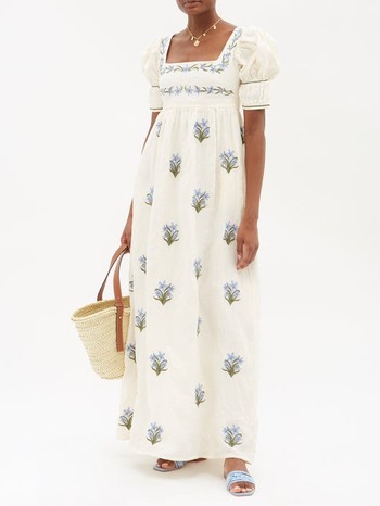 Floral-Embroidered Puff-Sleeve Linen Maxi Dress from Aqua By Aqua Bendita