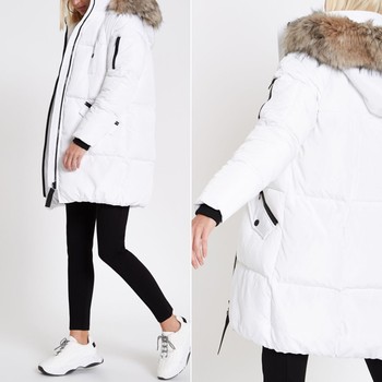 White Faux Fur Trim Longline Puffer Jacket