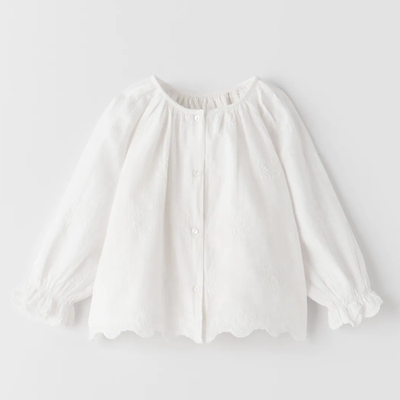 Embroidered Blouse With Scalloped Hem 