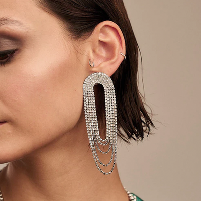 Clip On Statement Crystal Pave Draped Earrings