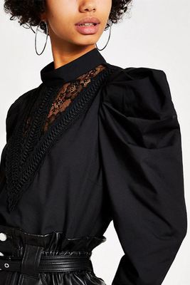 Black Lace Panel High Neck Top
