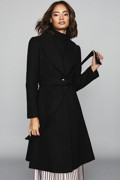 Wool Blend Belted Overcoat In Black