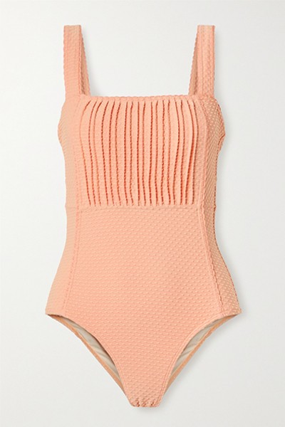 Pintucked Swiss-Dot Stretch Swimsuit from Peony