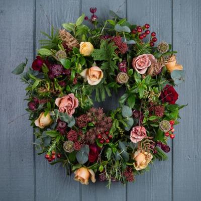 Copper, Plum & Gold Rose Door Wreath from The Real Flowers Co