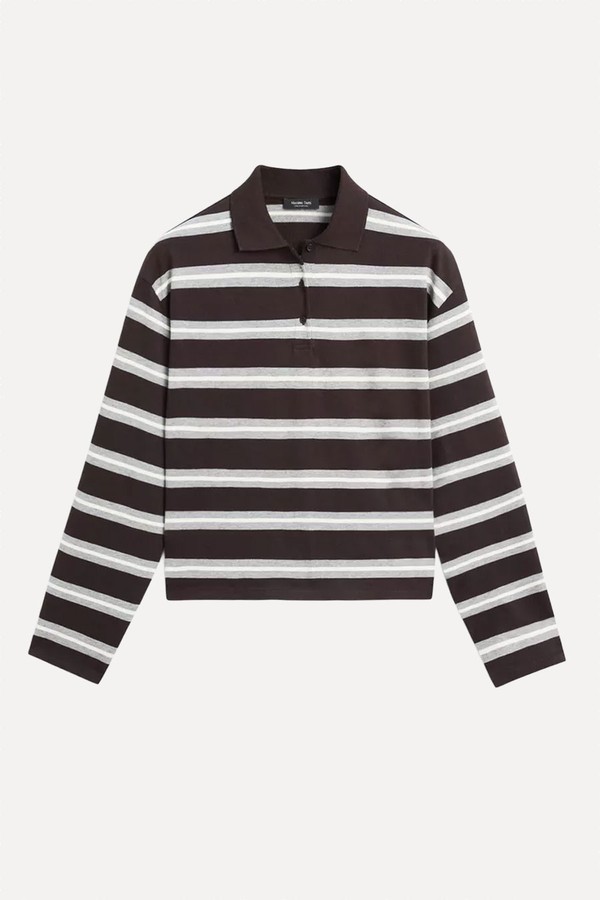 Striped Long Sleeve Cotton Polo Shirt