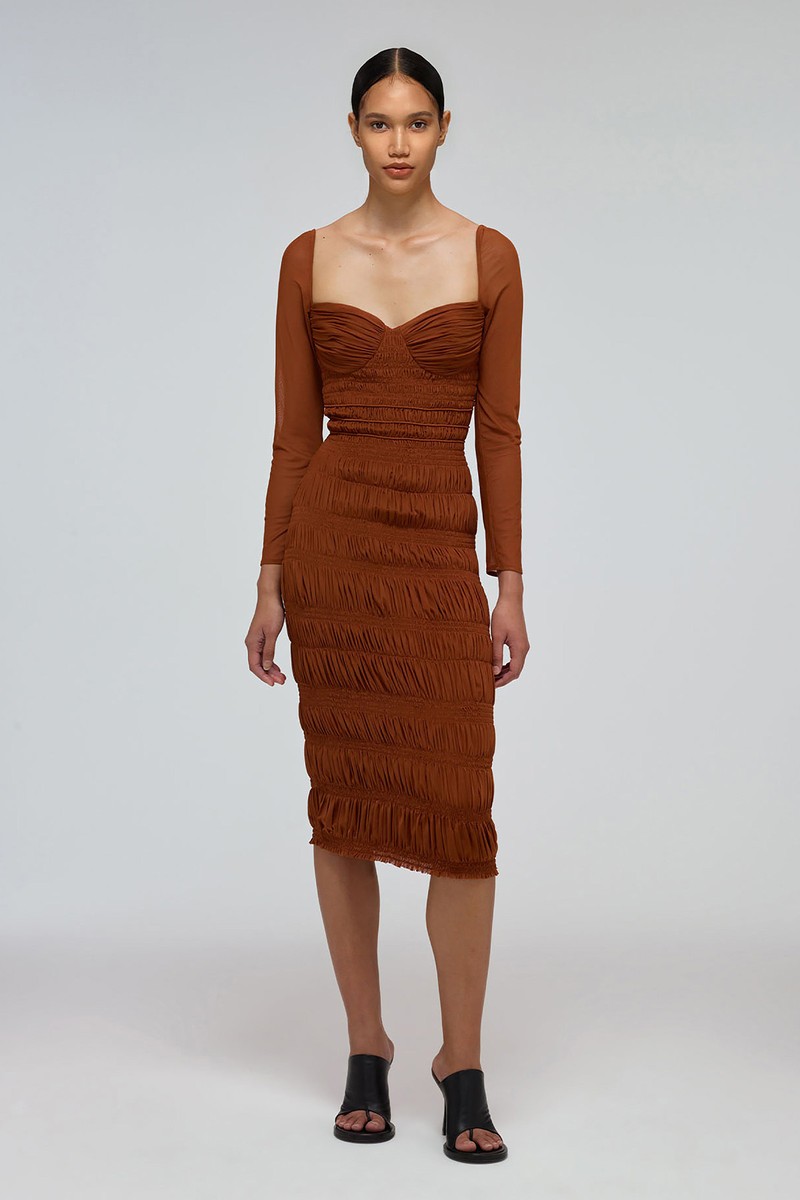 Shirred Power Mesh Midi Dress from Self-Portrait