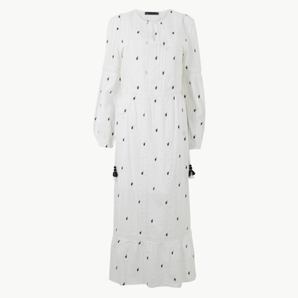 Pure Cotton Embroidered Waisted Midi Dress