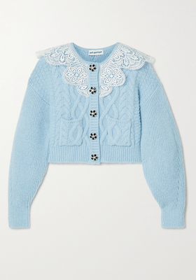 Cropped Lace-Trimmed Crystal-Embellished Cable-Knit Cardigan from Self-Portrait