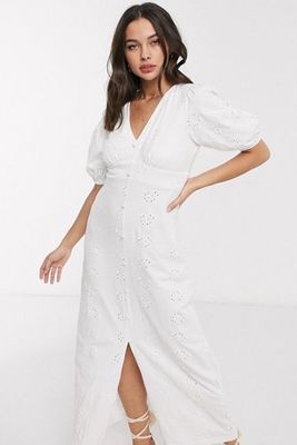 Broderie Tea Maxi Dress With Puff Sleeve In White from ASOS Design