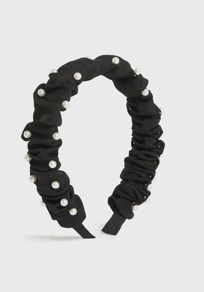 Black Faux Pearl Ruched Headband