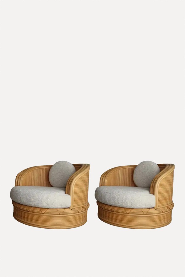 Pair Of Curved Pencil Reed Bamboo Barrel Chairs from 1st Dibs