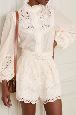 Belted Embroidered Broderie Anglaise Organic Linen Shorts from Zimmermann