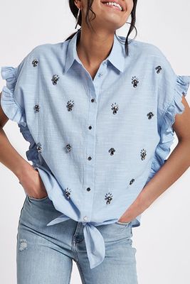 Blue Diamante Embellished Frill Shirt