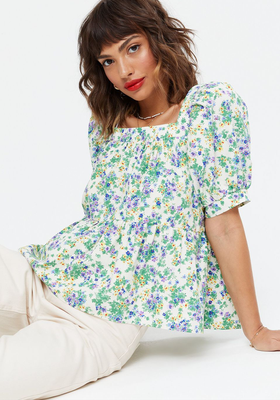White Ditsy Floral Peplum Square Neck Blouse 