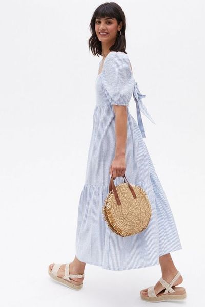 Stripe Puff Sleeve Tie Back Midi Smock Dress from New Look