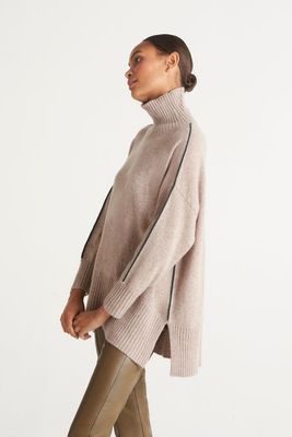 Contrast Trim Polo Neck Sweater Toast Brown