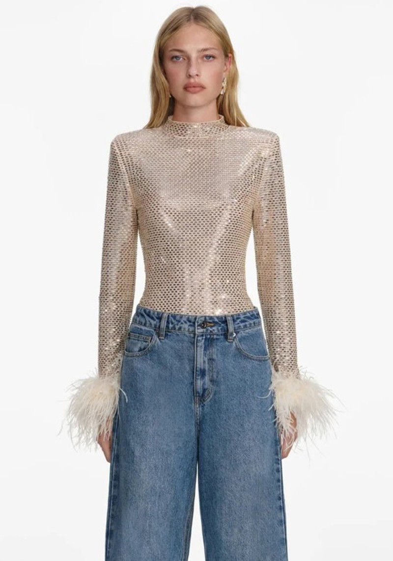 Champagne Rhinestone Feather Top 