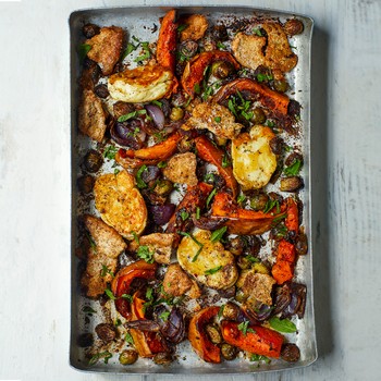 Cinnamon & Cumin Roasted Winter Vegetables With Baked Halloumi