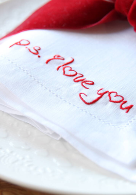 Linen Valentine Napkin Ps. I Love You from The Embroidered Napkin Company