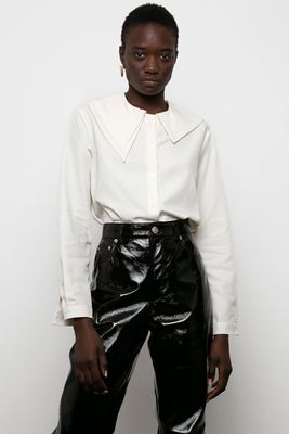 Ivory Blouse with Asymmetrical Point Collar