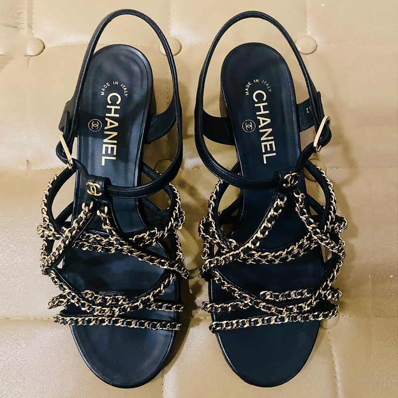 Block Heel Chain Sandals, $899.99 | Chanel