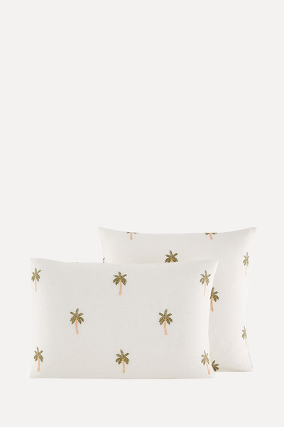 Ravenel Embroidered Palm Cotton & Washed Linen Pillowcase from La Redoute