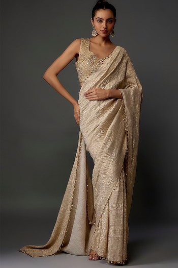 Gold Tissue Pre-Stitched Saree Set from Payal Singhal